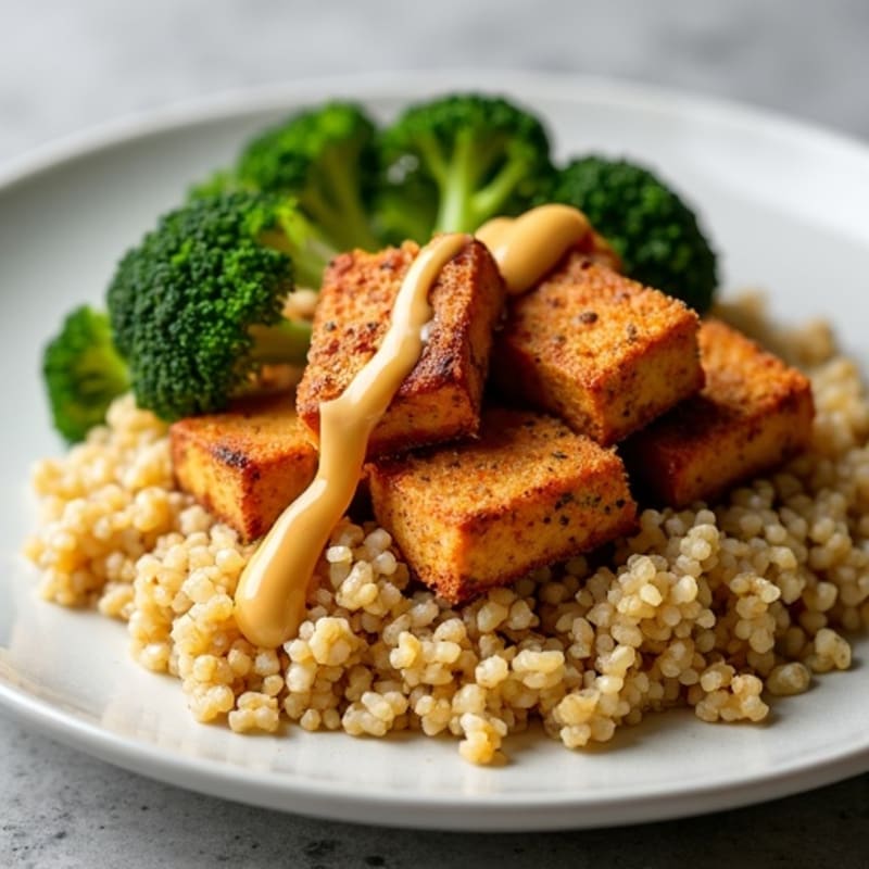 Crispy Peanut Tofu with Roasted Broccoli and Quinoa