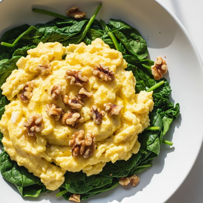 Soft Scrambled Eggs with Sautéed Spinach and Walnuts