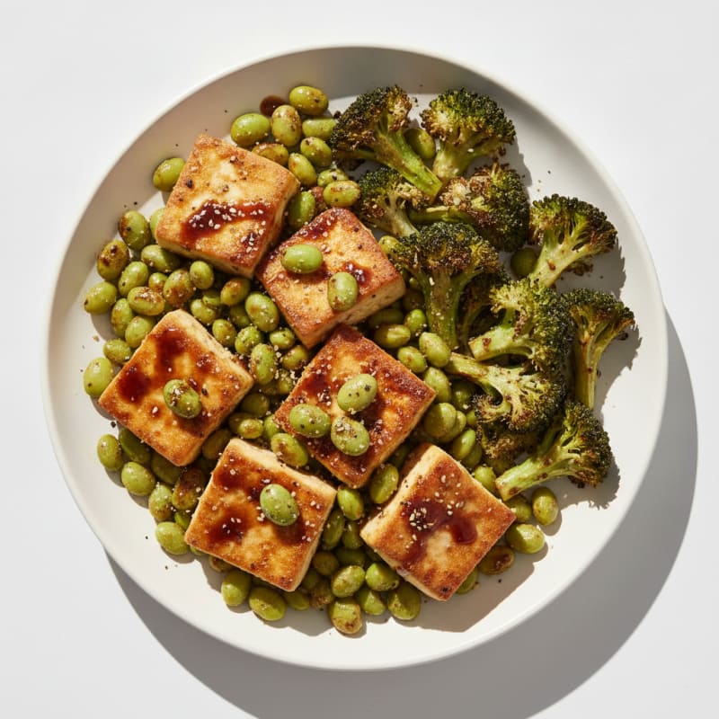 Pan-Seared Tofu and Edamame with Roasted Broccoli