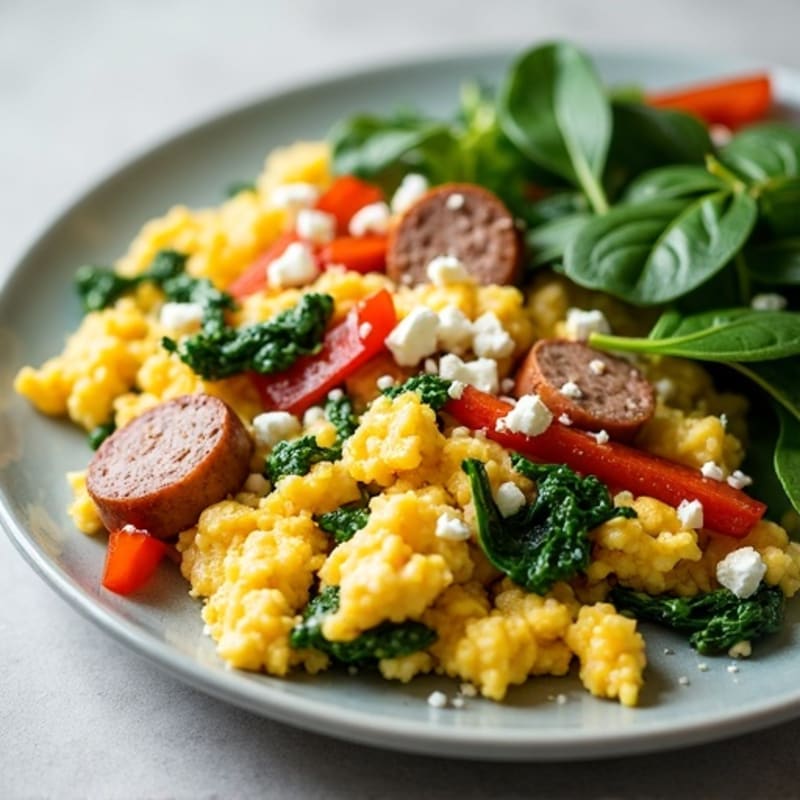 Egg White Scramble with Turkey Sausage and Sautéed Spinach