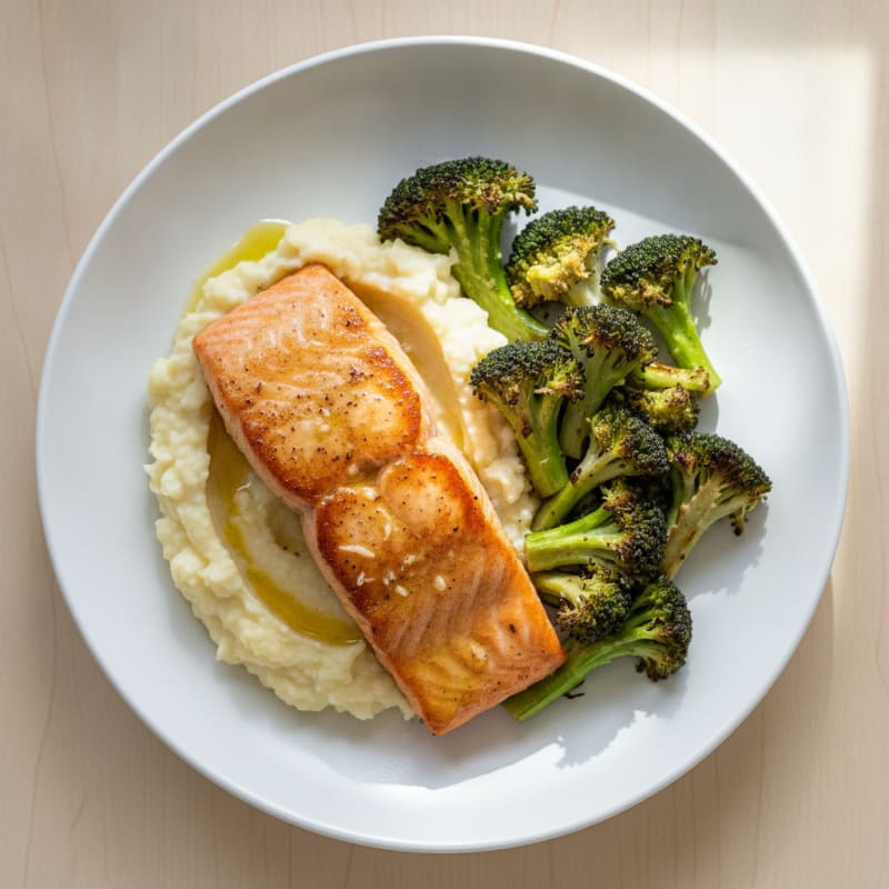 Seared Salmon with Roasted Broccoli and Garlic Mashed Cauliflower
