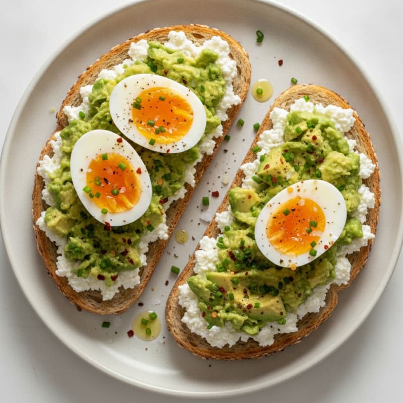 Avocado and Cottage Cheese Toast with Soft-Boiled Eggs