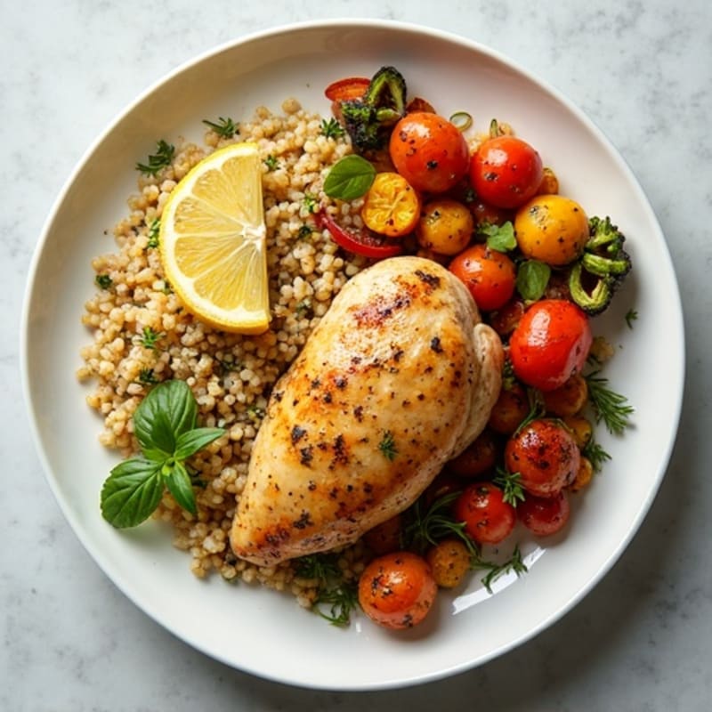 Lemon Herb Roasted Chicken with Quinoa and Crispy Roasted Vegetables