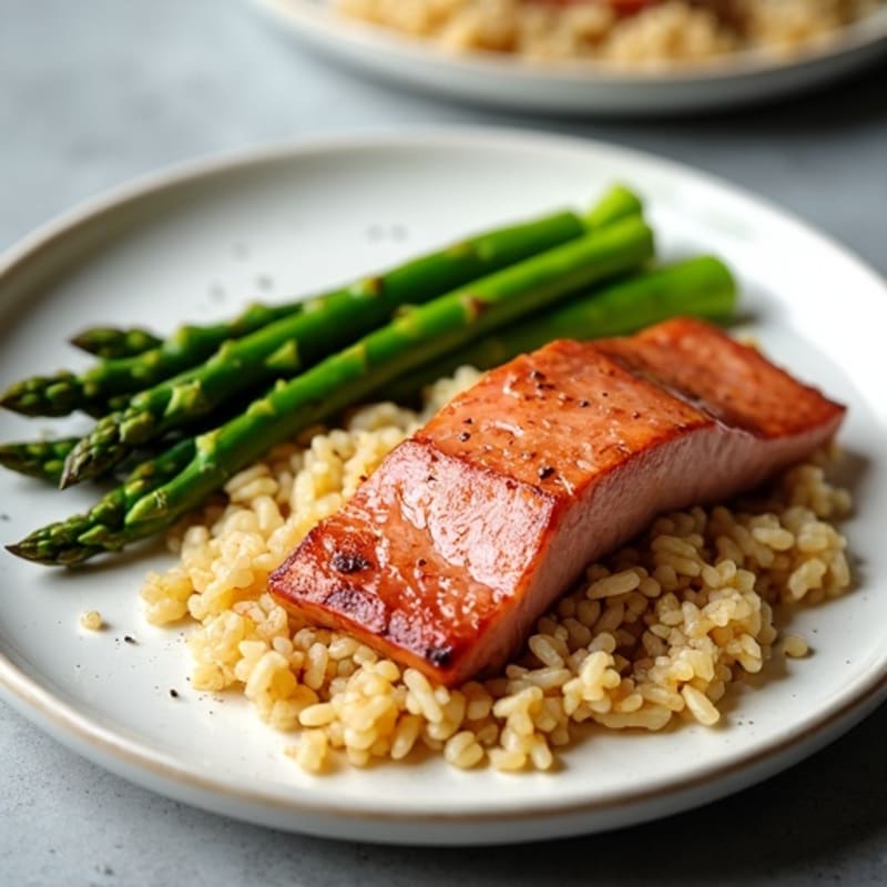 Seared Tuna Steak with Steamed Asparagus and Brown Rice