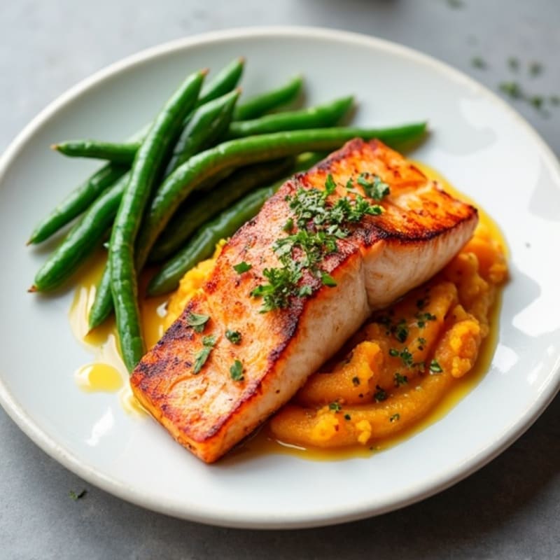 Seared Salmon Fillet with Steamed Green Beans and Sweet Potato Mash