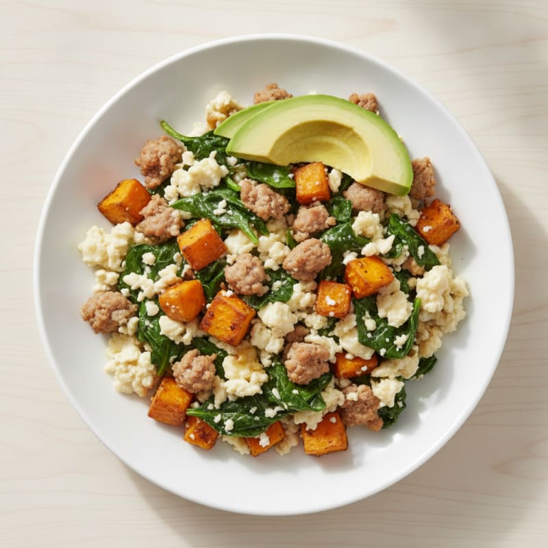 Egg White and Turkey Sausage Scramble with Sautéed Spinach