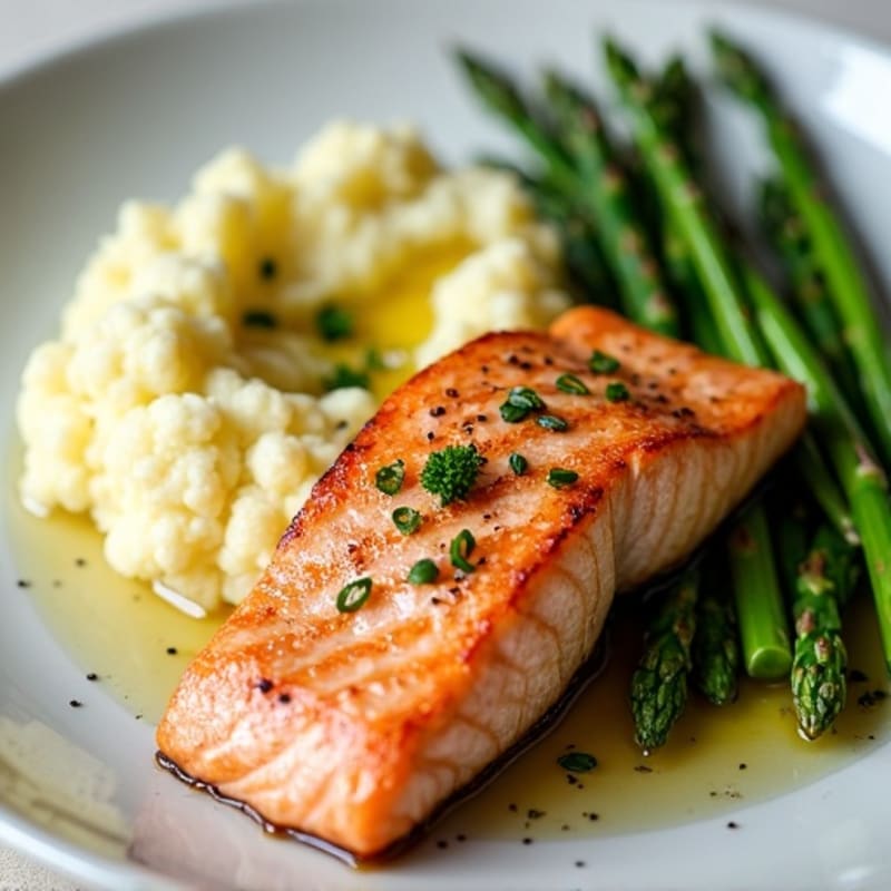 Seared Salmon with Steamed Asparagus and Cauliflower Mash