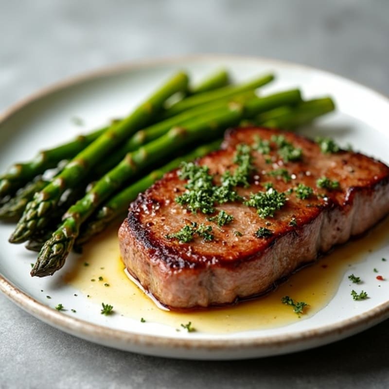Tender Pan-Seared Steak with Roasted Garlic Asparagus