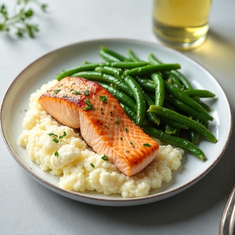 Seared Salmon with Garlic Green Beans and Cauliflower Mash