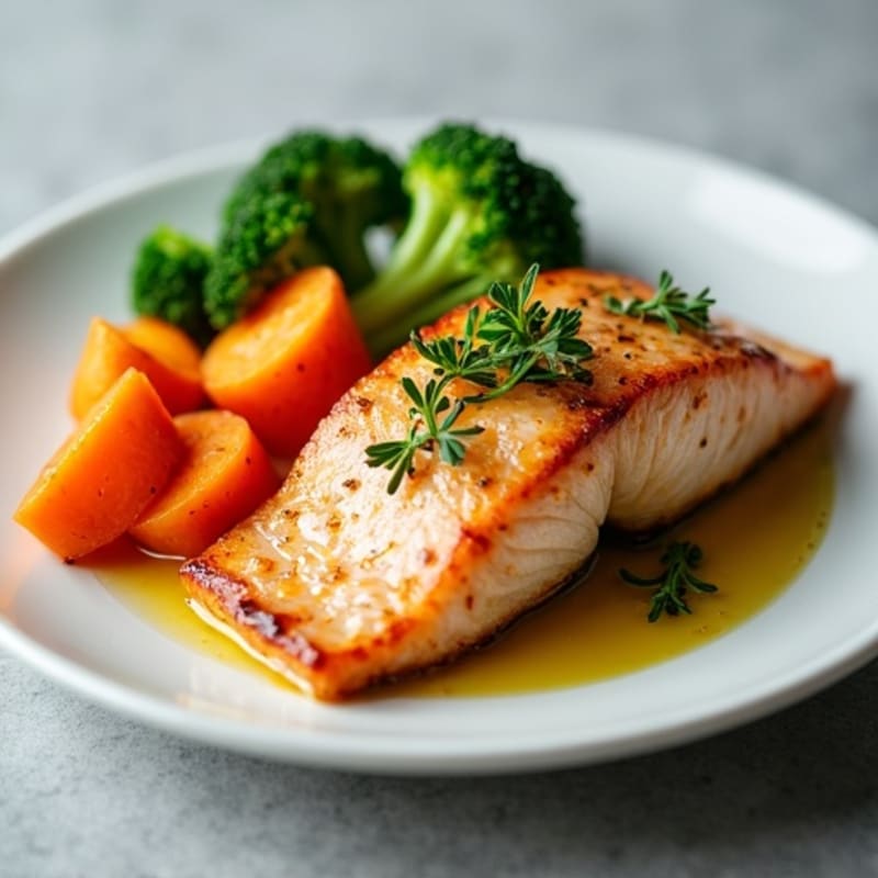 Seared Salmon with Roasted Sweet Potatoes and Steamed Broccoli