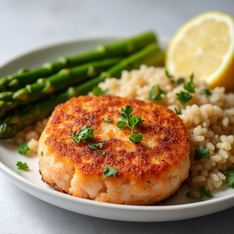 Crispy Lemon-Herb Salmon Patties with Fluffy Brown Rice and Roasted Asparagus