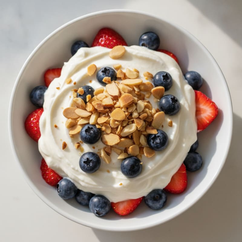 Vanilla Protein Yogurt Parfait with Chopped Almonds and Berries