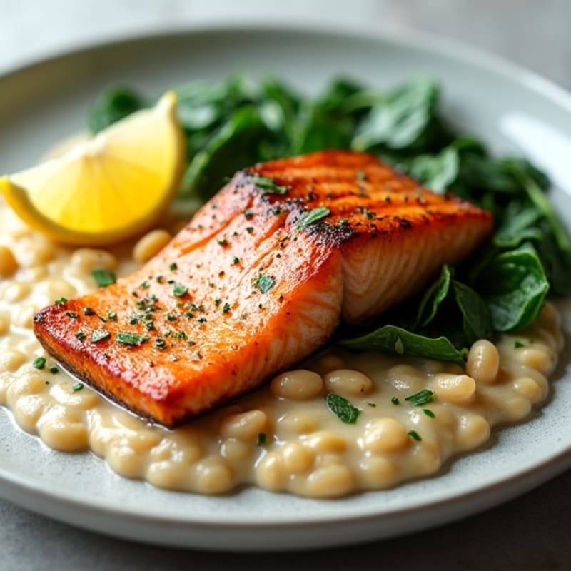 Pan-Seared Salmon with White Bean Mash and Sautéed Spinach