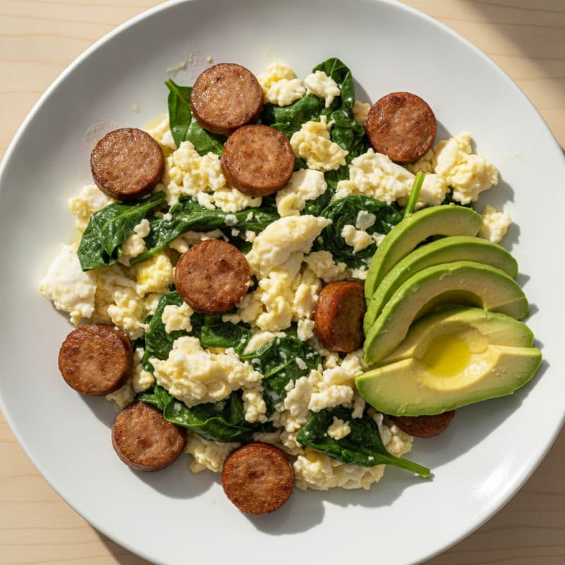 Egg White Scramble with Turkey Sausage and Sautéed Spinach