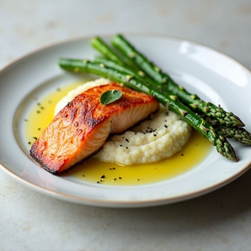 Seared Salmon with Steamed Asparagus and Cauliflower Mash