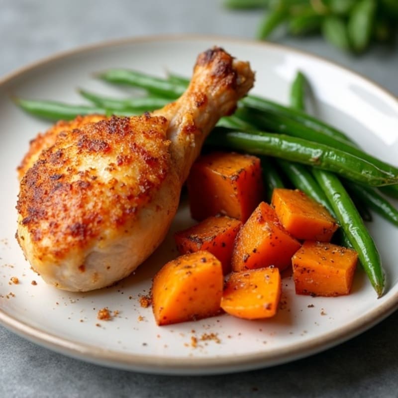Crispy Baked Chicken Thighs with Roasted Sweet Potatoes and Green Beans