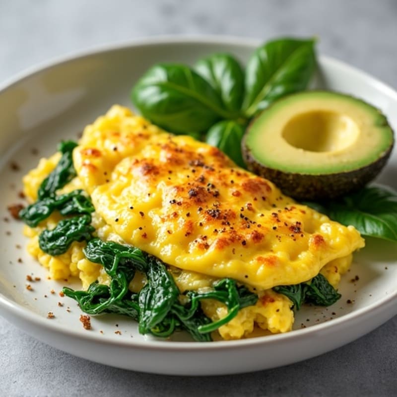 Fluffy Scrambled Eggs with Sautéed Spinach and Creamy Avocado