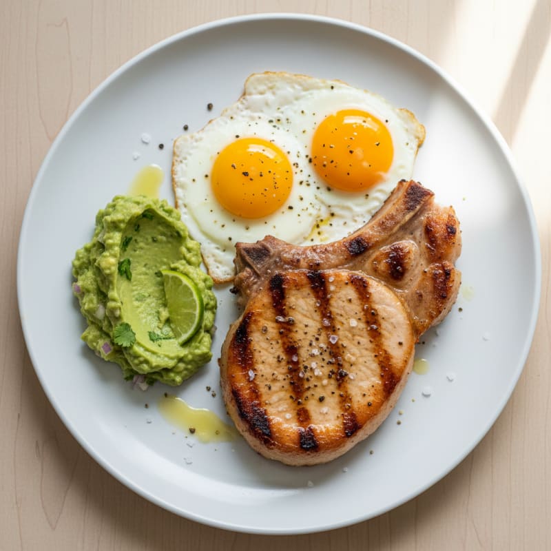 Grilled Pork Chop with Eggs and Guacamole