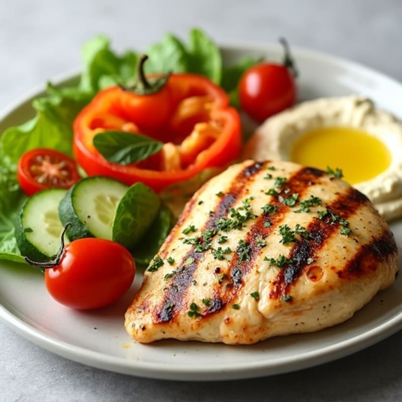 Grilled Lemon Herb Chicken with Creamy Hummus and Fresh Crispy Vegetables