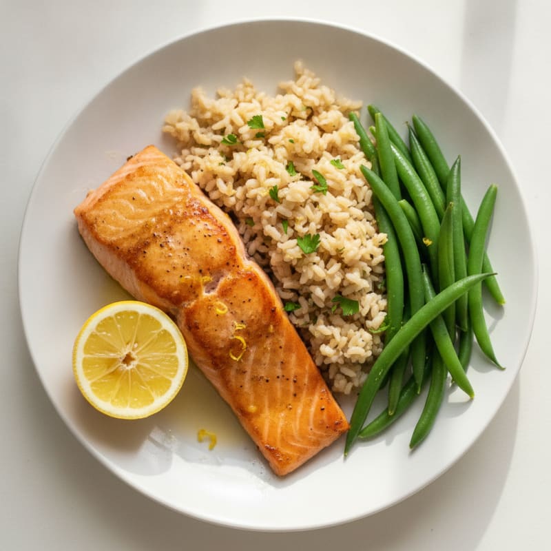 Seared Salmon Fillet with Steamed Green Beans and Lemon Herb Rice