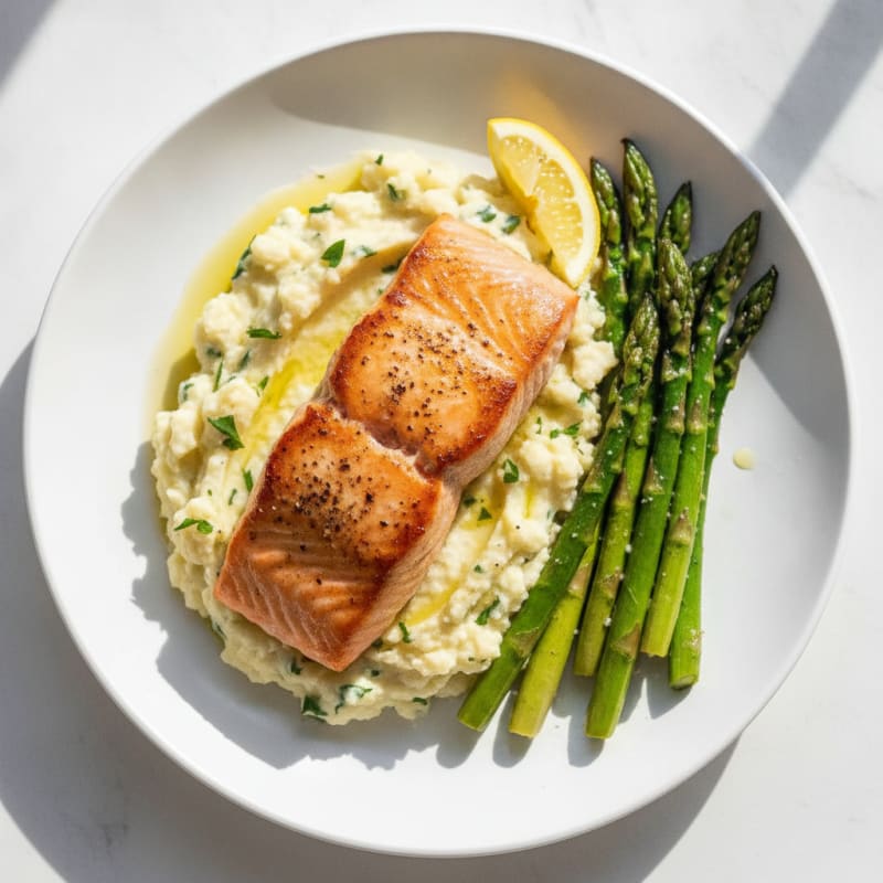 Seared Salmon Fillet with Roasted Asparagus and Garlic Mashed Cauliflower
