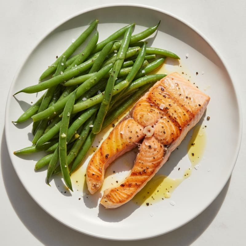Grilled Salmon with Steamed Green Beans and Lemon Olive Oil Drizzle