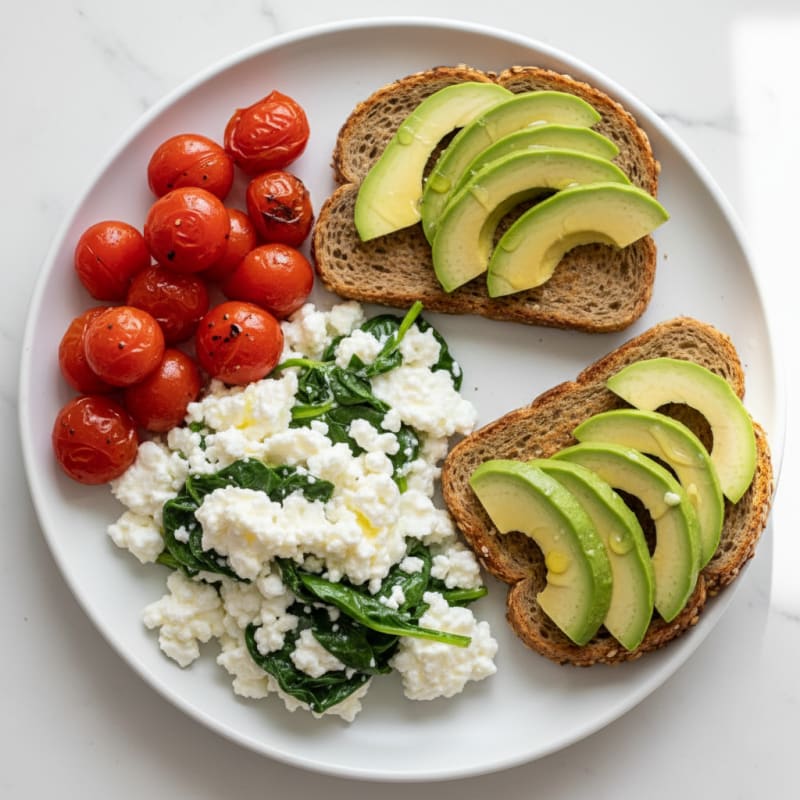 Cottage Cheese Egg White Scramble with Spinach and Cherry Tomatoes