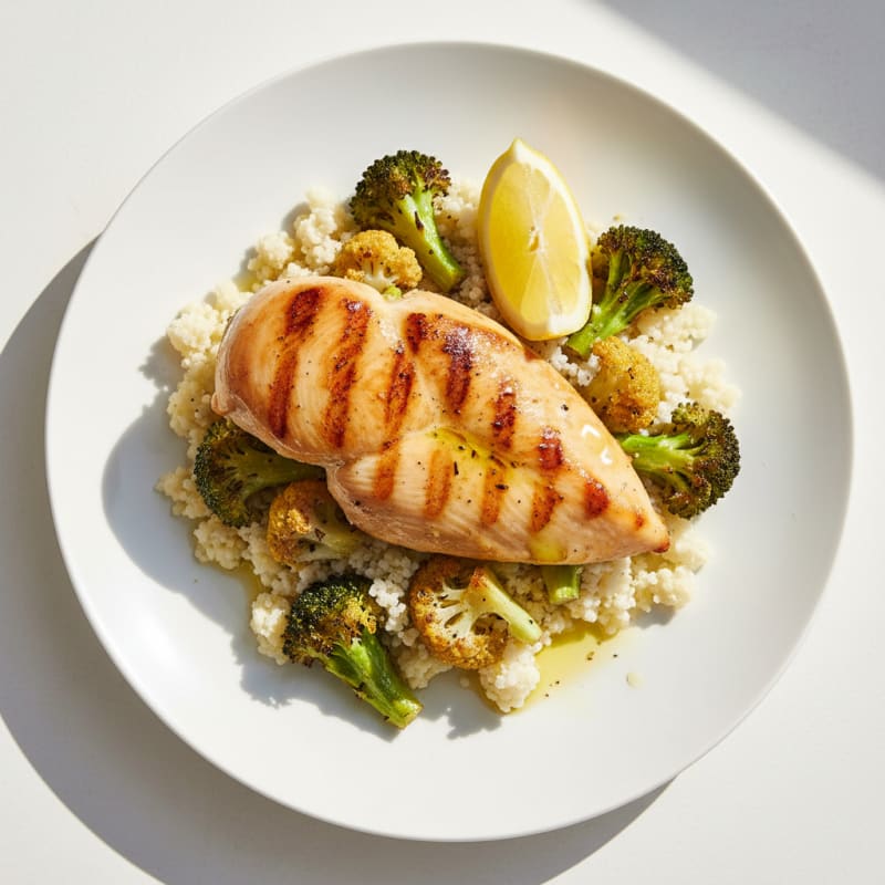 Grilled Chicken Breast with Roasted Broccoli and Cauliflower Rice