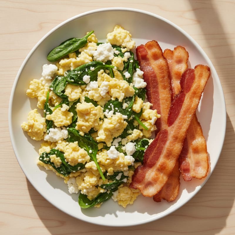 Cottage Cheese Egg Scramble with Spinach and Turkey Bacon