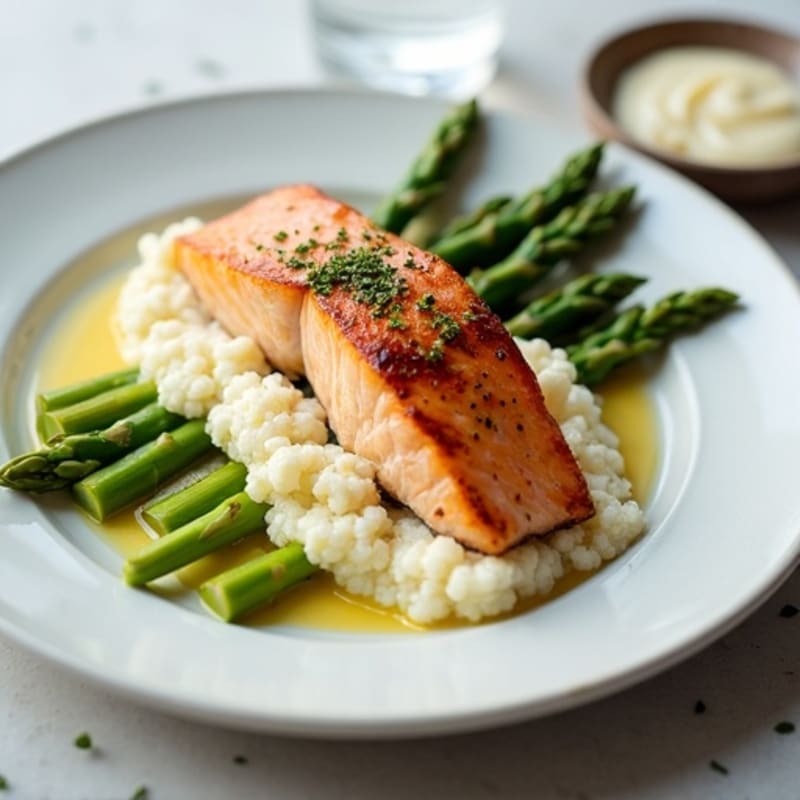 Seared Salmon with Steamed Asparagus and Cauliflower Mash