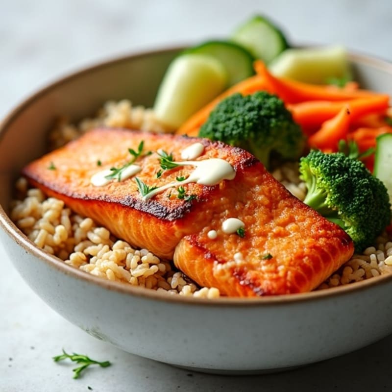 Crispy Pan-Seared Salmon Brown Rice Bowl with Fresh Vegetables and Creamy Sriracha Drizzle