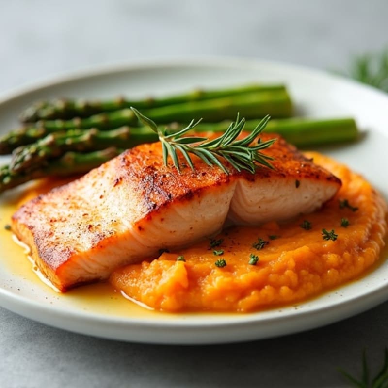 Seared Salmon with Roasted Asparagus and Sweet Potato Mash