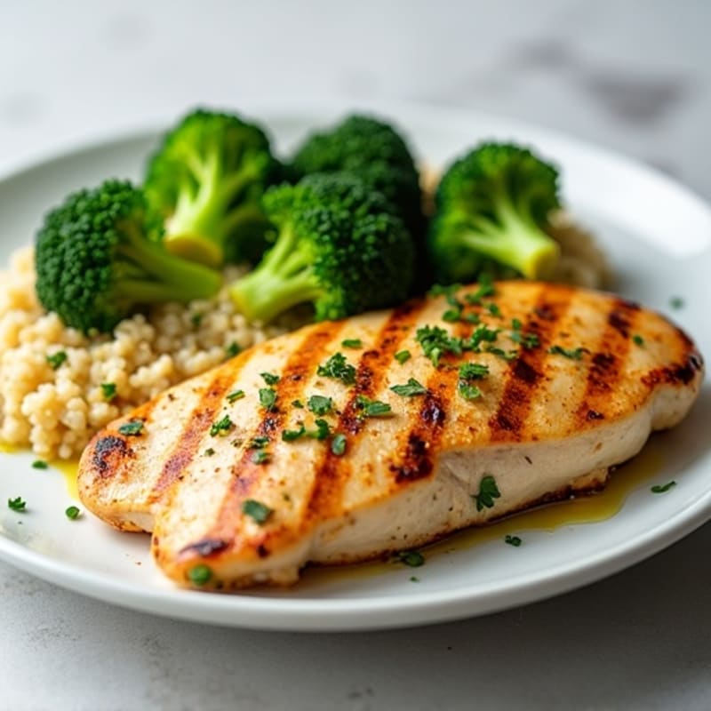 Grilled Lemon-Garlic Chicken Breast with Quinoa and Steamed Broccoli