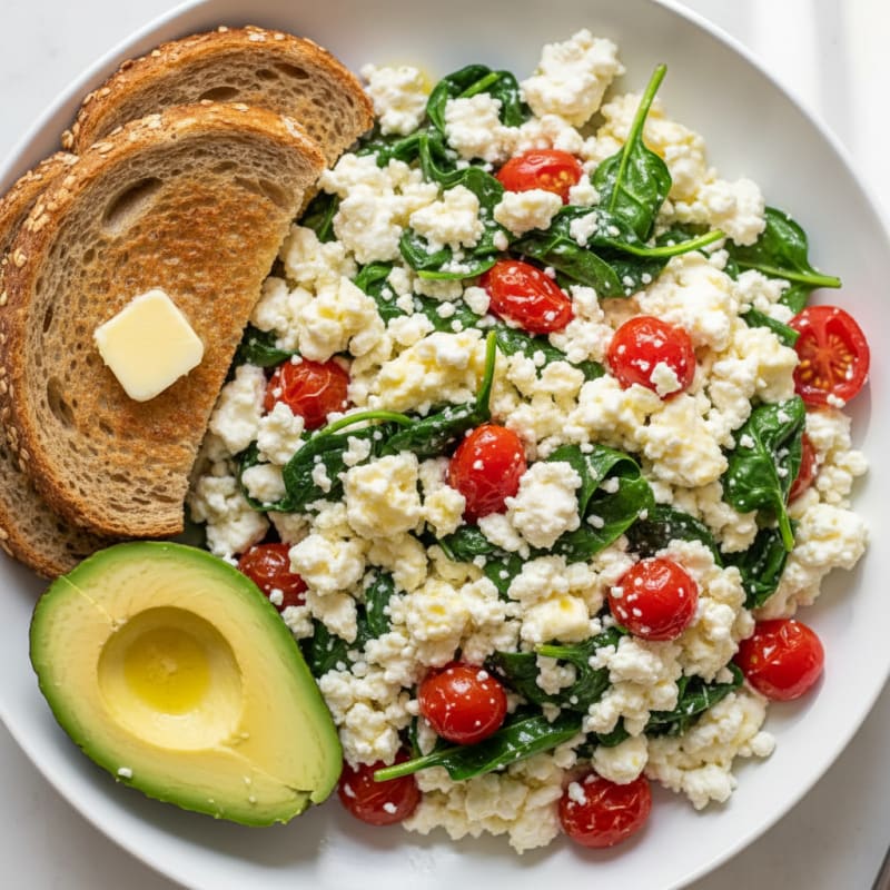 Cottage Cheese Egg White Scramble with Spinach and Cherry Tomatoes
