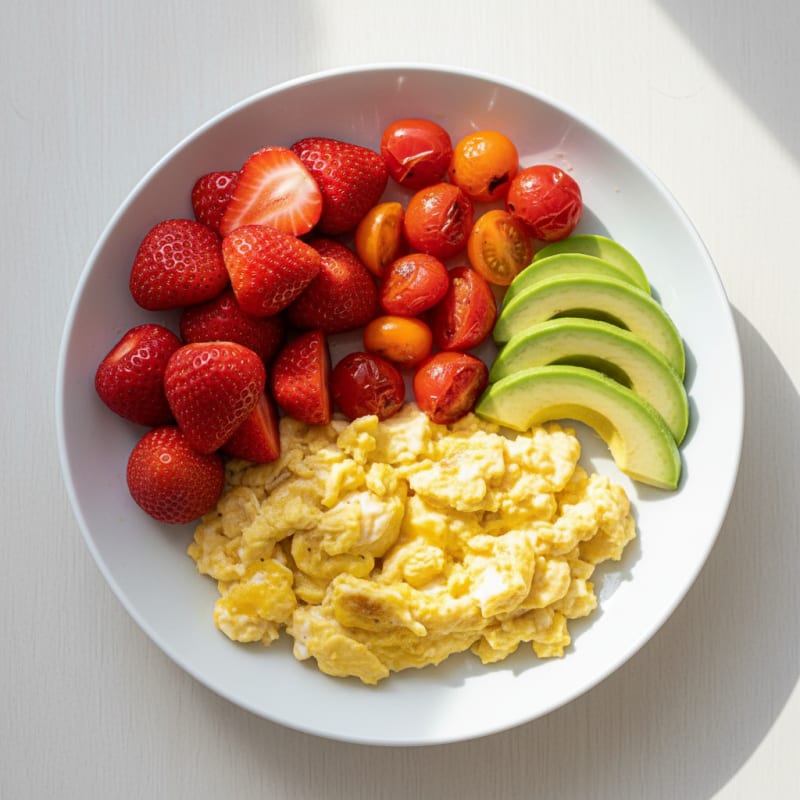 Creamy Scrambled Eggs with Avocado and Cherry Tomatoes