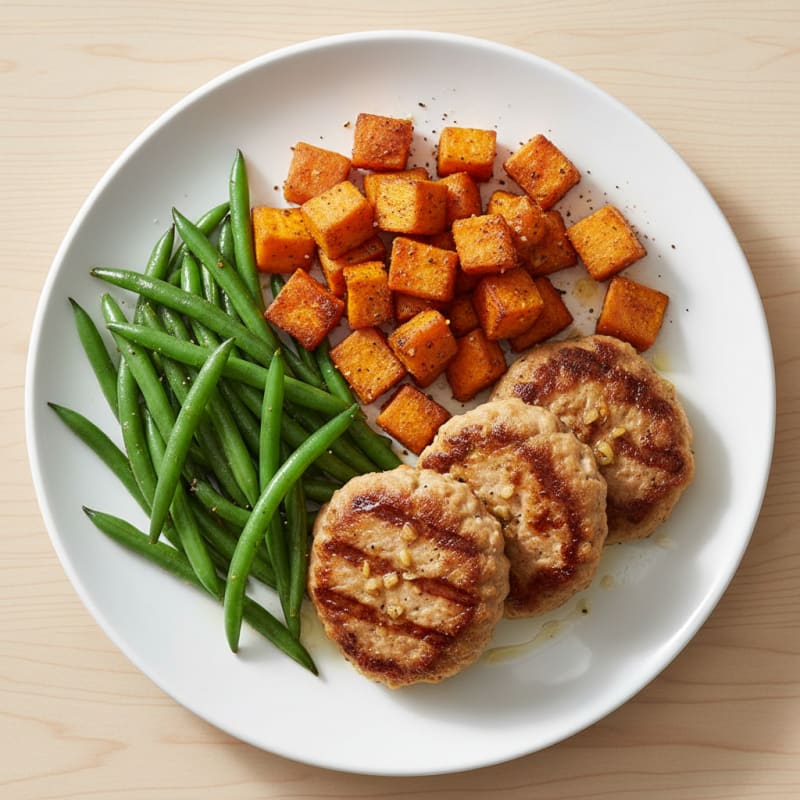 Seared Turkey Patties with Roasted Sweet Potatoes and Green Beans
