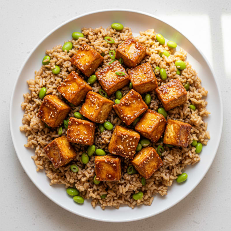 Crispy Baked Tofu with Garlic Brown Rice