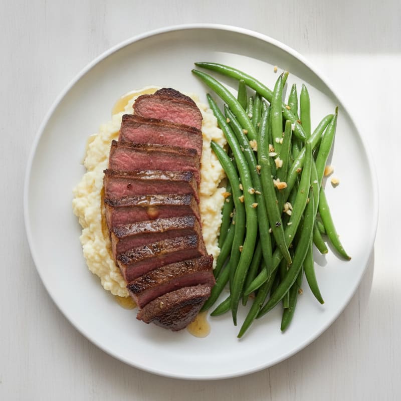 Seared Lean Beef with Garlic Green Beans and Mashed Cauliflower