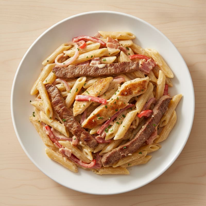 Steak and Chicken with Creamy Pasta