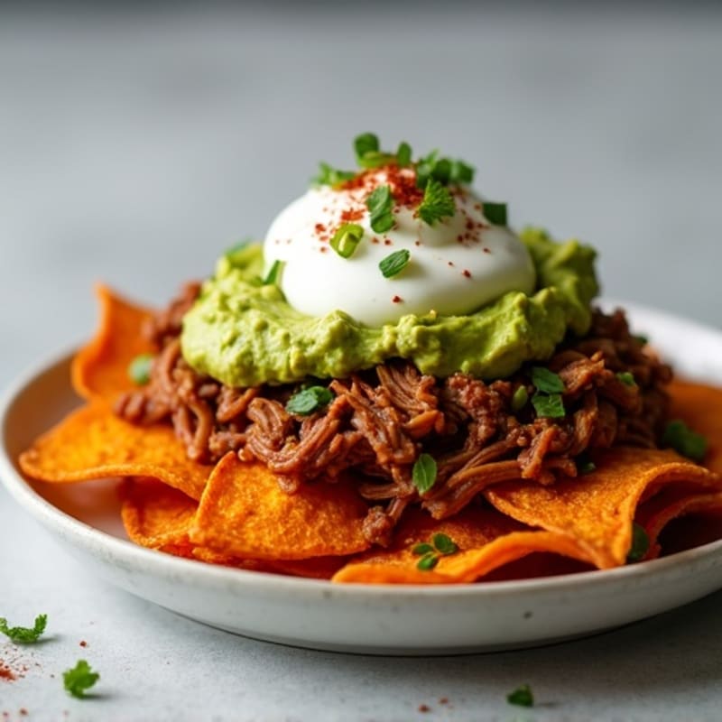 Slow Cooked Pulled Pork and Crispy Sweet Potato Nachos with Creamy Avocado