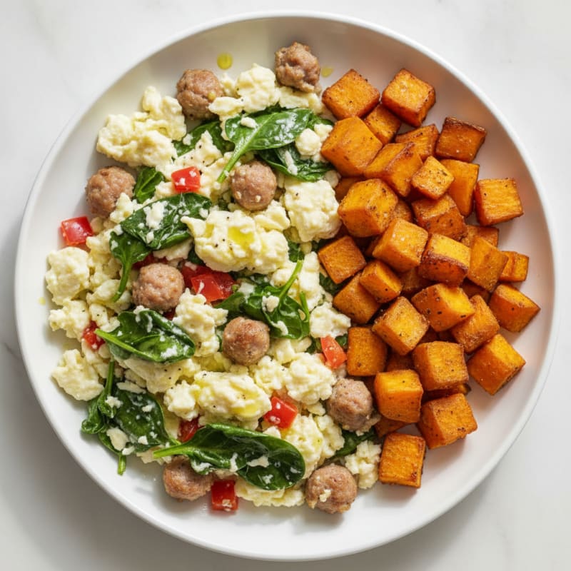 Egg White and Turkey Sausage Scramble with Roasted Sweet Potato