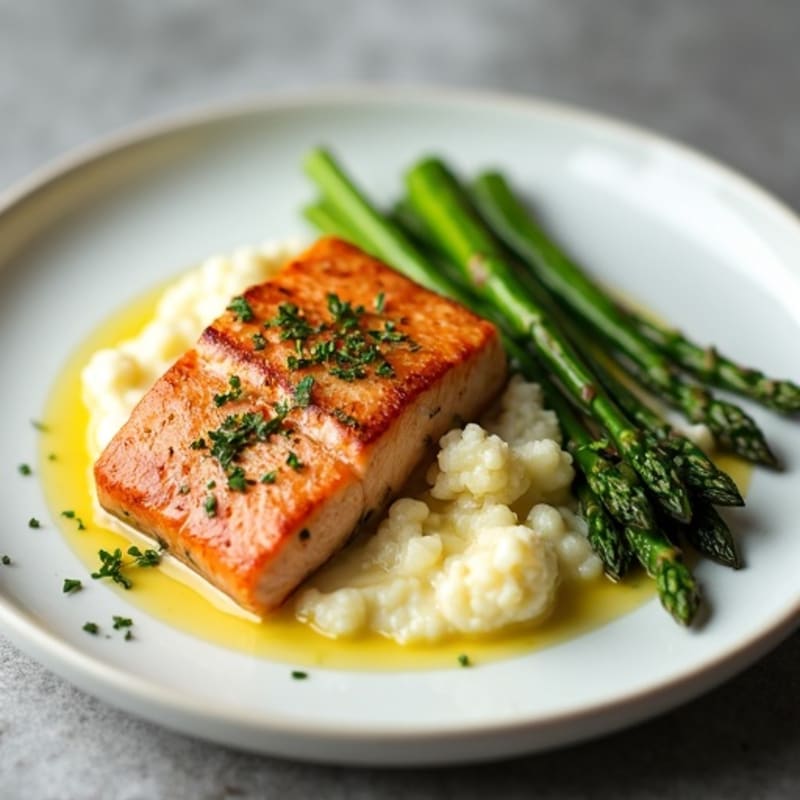 Seared Salmon with Steamed Asparagus and Cauliflower Mash