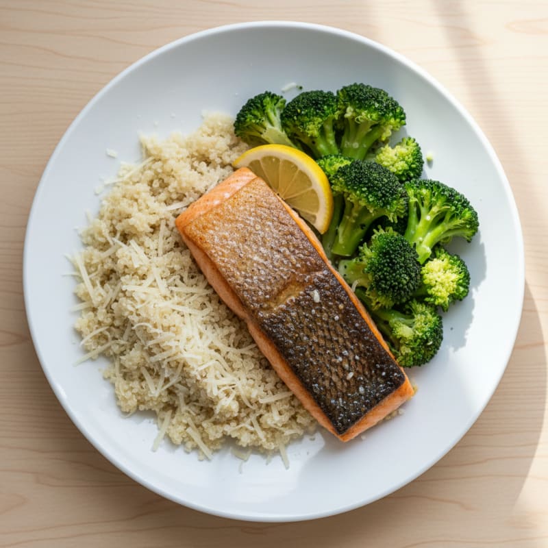 Seared Salmon with Steamed Broccoli and Parmesan Quinoa