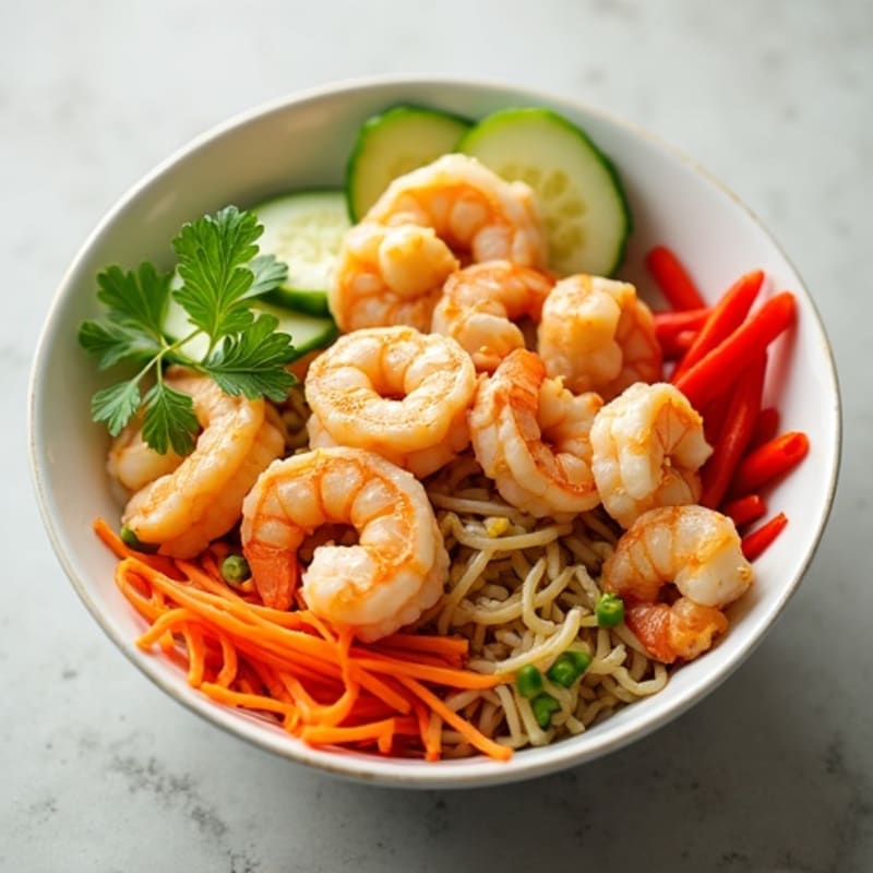 Fresh Shrimp and Crunchy Vegetable Noodle Bowl with Creamy Peanut Dressing