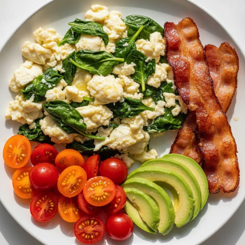 Crispy Turkey Bacon and Egg White Scramble with Sautéed Spinach