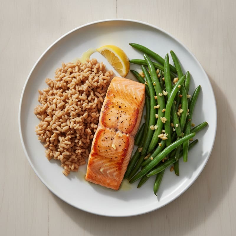 Seared Salmon with Garlic Green Beans and Brown Rice