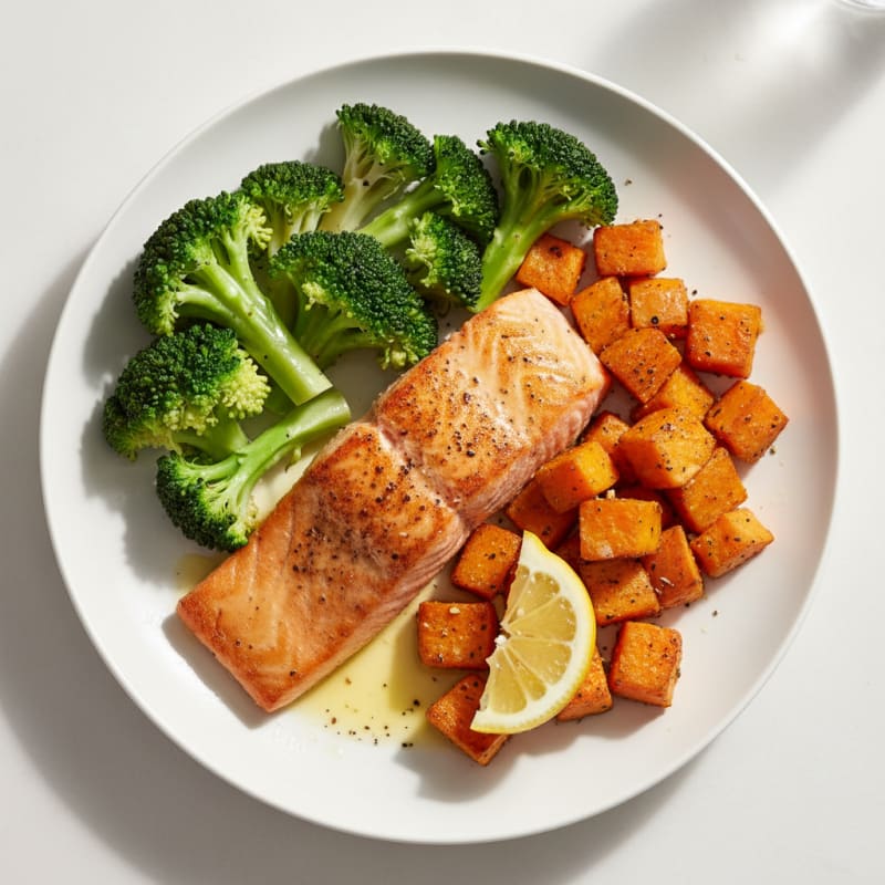 Seared Salmon with Roasted Sweet Potatoes and Steamed Broccoli