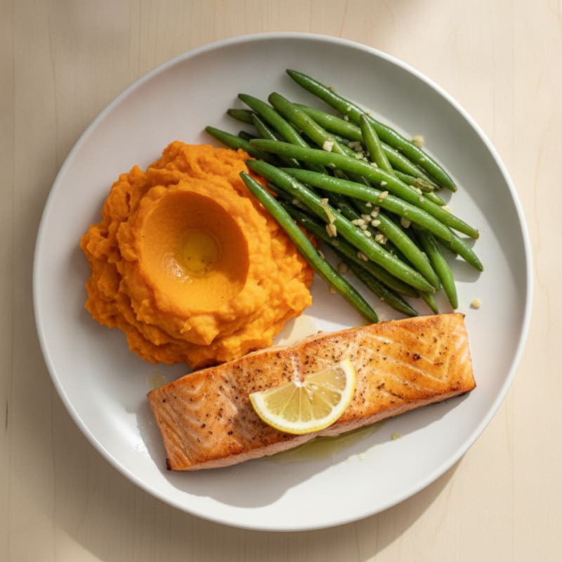 Seared Salmon Fillet with Garlic Green Beans and Sweet Potato Mash