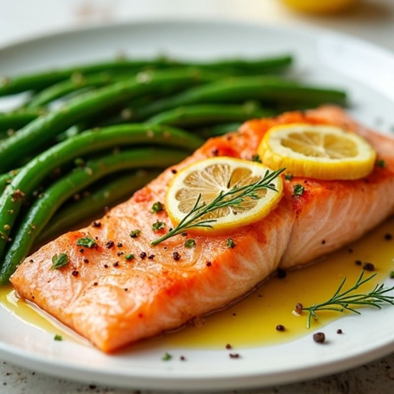 Lemon Garlic Pan-Seared Salmon with Roasted Green Beans