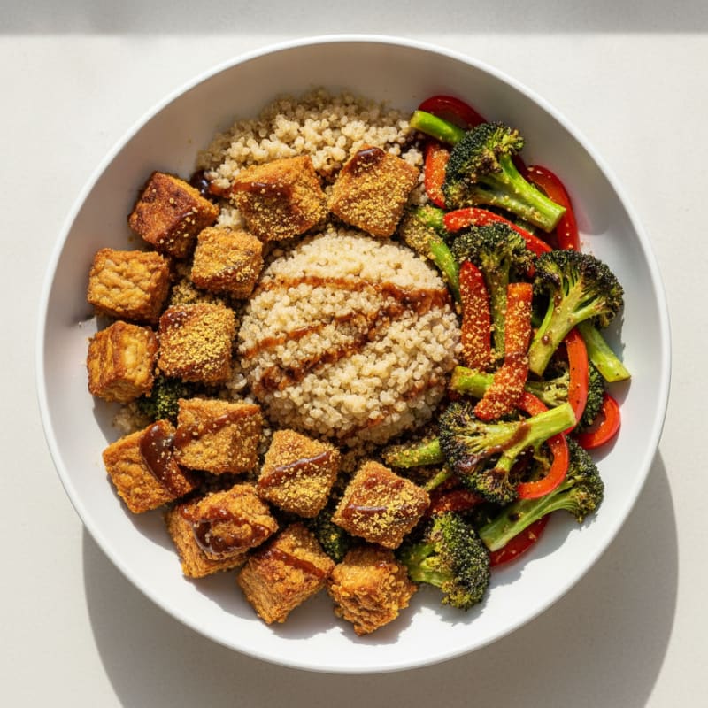 Crispy Tempeh Power Bowl with Quinoa and Roasted Vegetables
